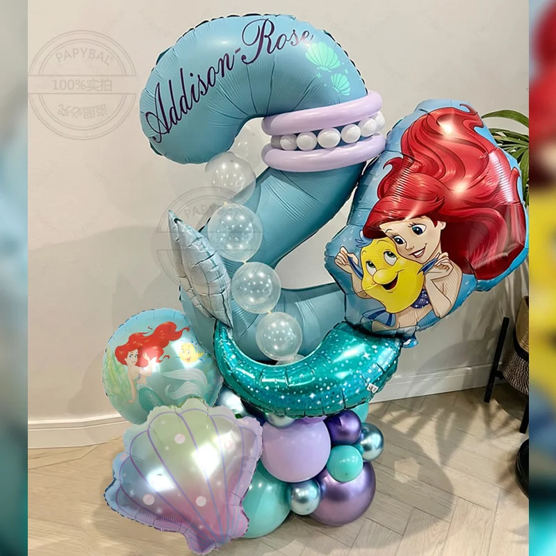 37pcs Disney Mermaid Princess Ariel Cartoon Blue Number Balloons 1-9th Foil Balloon Kids Shower Girl Birthday Party Decor Supply