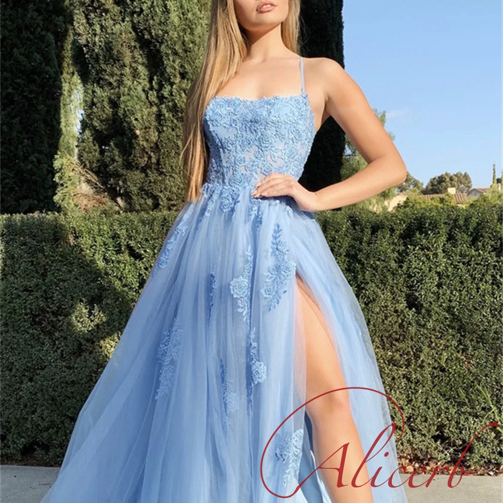 Alicerb 2022 a linha de luz céu azul vestidos de noite rendas apliques tule aberto volta varredura trem sem mangas baile formal festa vestidos