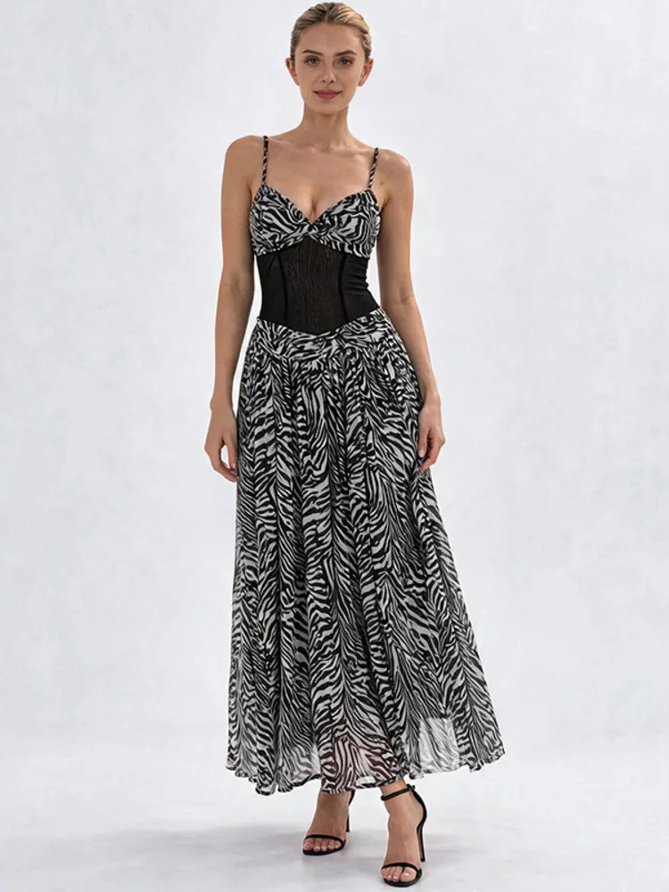 Blifanbo Striped Print Sexy Long Dress Women Sleeveless Spaghetti Strap Backless Patchwork High Waist Slim Club Party Long Dress