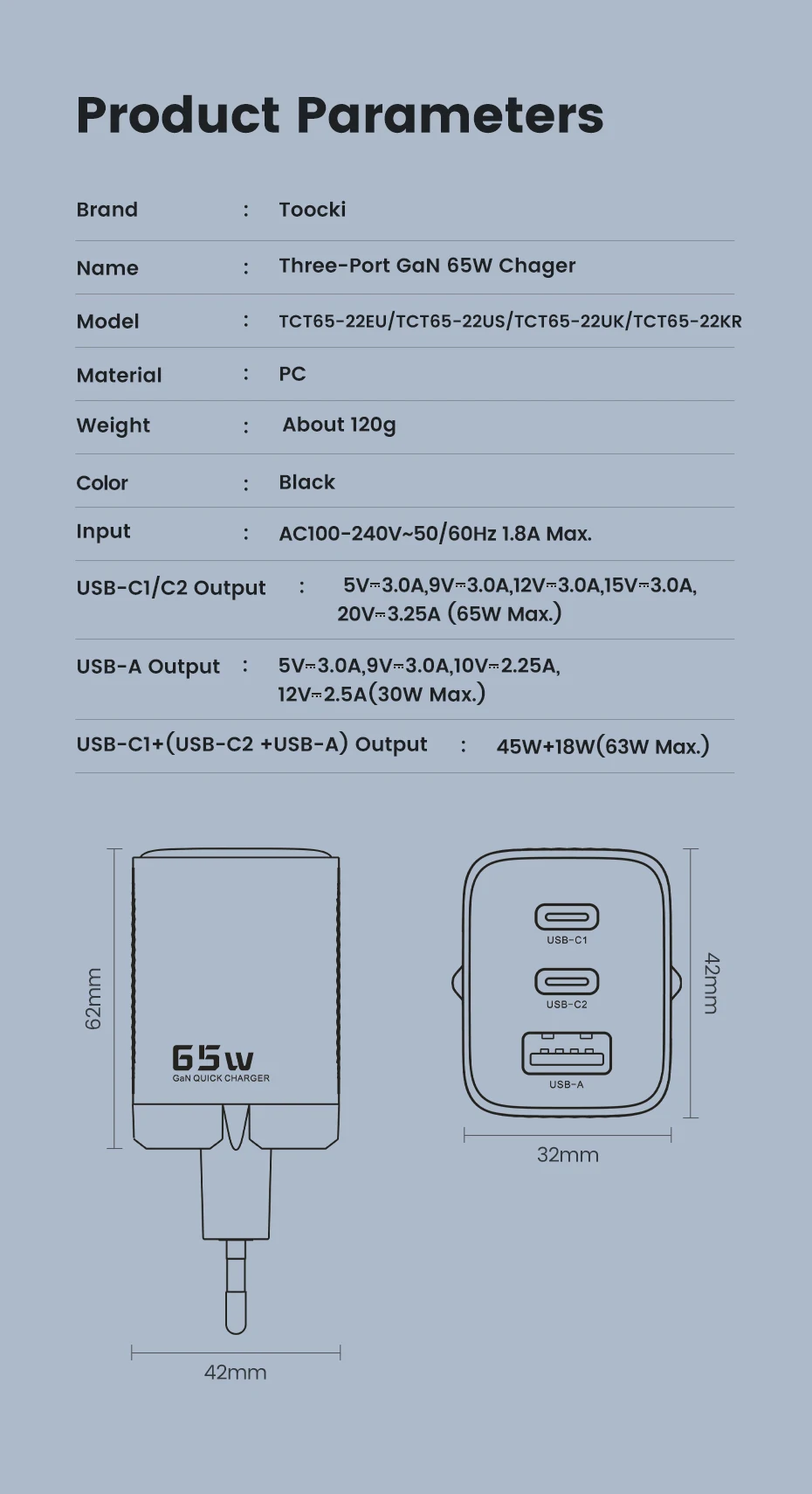 Toocki 65 W GaN USB-Ladegerät Typ C QC4.0 PD3.0 PPS Schnellladung für iPhone 16 15 14 Samsung 24 S23 Xiaomi Huawei Realme Laptop – Detail 11