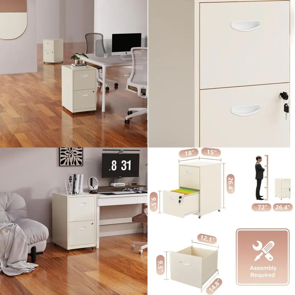 

Rolling Letter-Size 2-Drawer Metal File Cabinet, Cream, Under Desk Storage, Assembly Needed