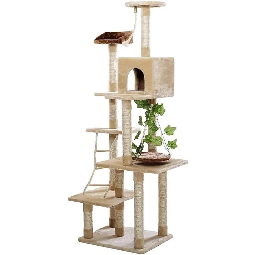 

Tall Cat Tree Tower with Hammock, Cave Bed, Scratching Posts & Toy Ball, Multi-Level Cat Climbing Frame 185cm