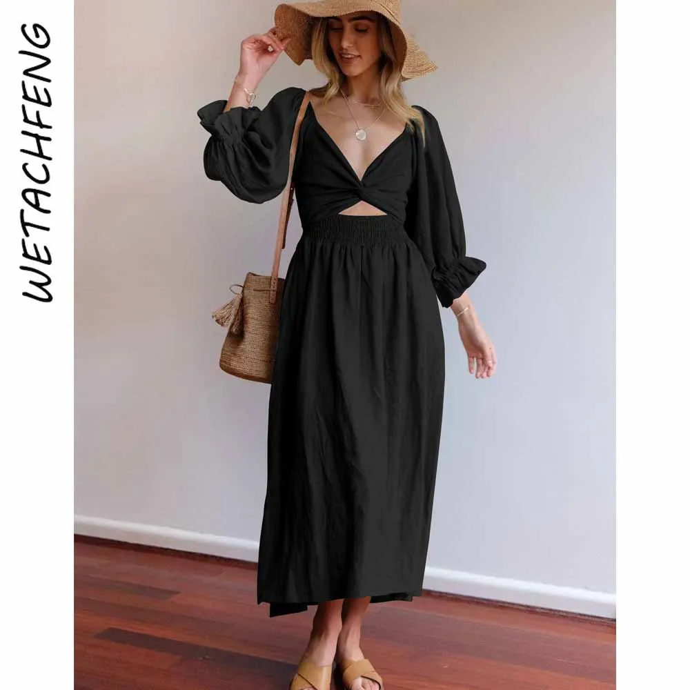 Women Dresses Elegant France Romance Chic Maxi Dress Lantern Sleeve Ruffles Lace Up Belt Long Cotton Vestidos Boho Party Robe