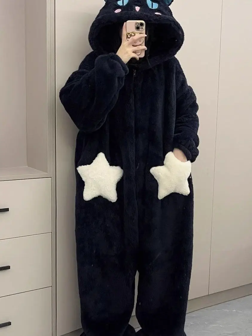 plus Size 300 Pou Winter Onesie Women's Coral Fce Thiened Home Clothes Set Adorable Cartoon Print High Waist Long Pants