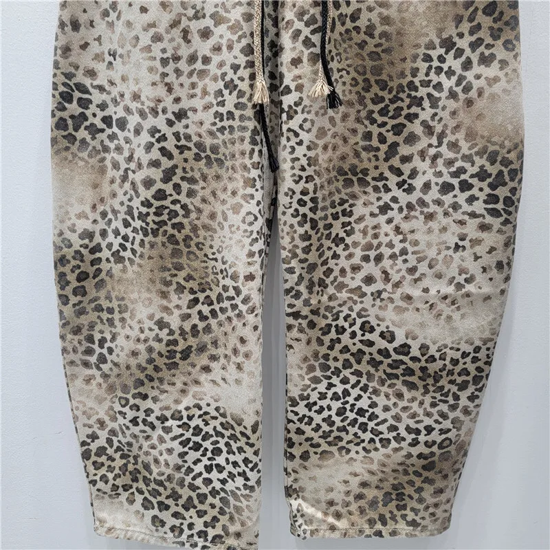 ANJY خريف جديد جينز نسائي مغسول عتيق متدرج بطبعة الفهد ملابس الشارع الشهير الهيب هوب Y2K سروال دينم عصري A11295