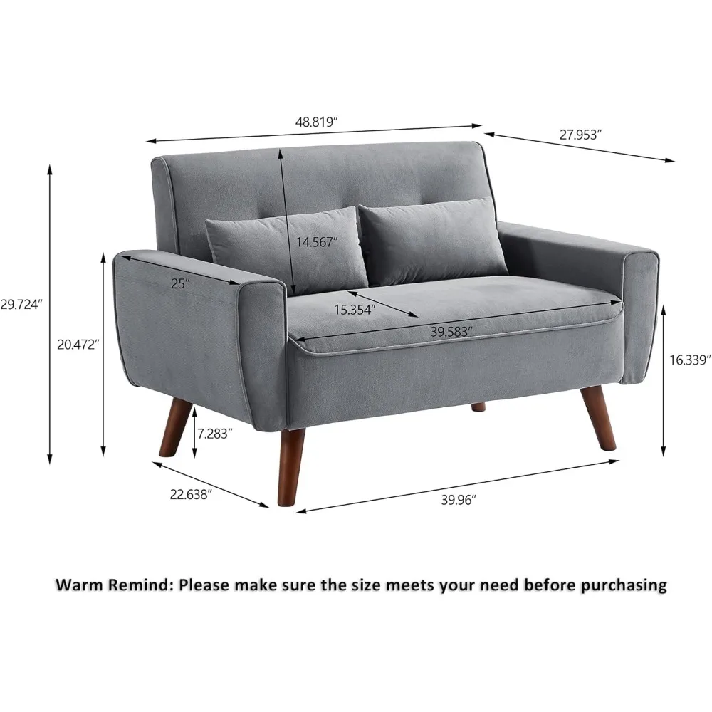 Sofá Loveseat moderno de 2 lugares de meados do século com encosto acolchoado e pernas de madeira para conforto da sala de estar e no quarto