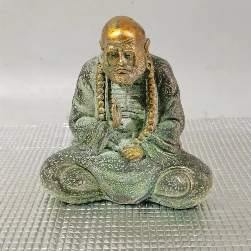 Antiqued copper figurine, statue of Master Daruma, home Buddhist altar, Qianlong-era craft