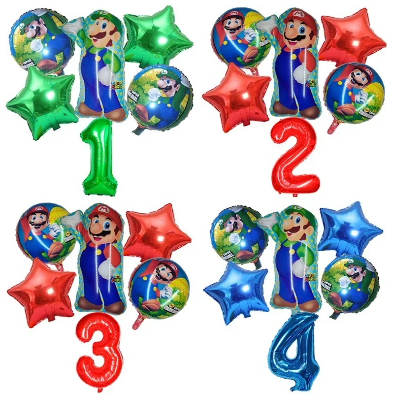 6pcs Cartoon Super Mario Balloons Set Game 32 Inch Digital Aluminum Balloons Kid Birthday Party Decorations Baby Shower Toy Gift