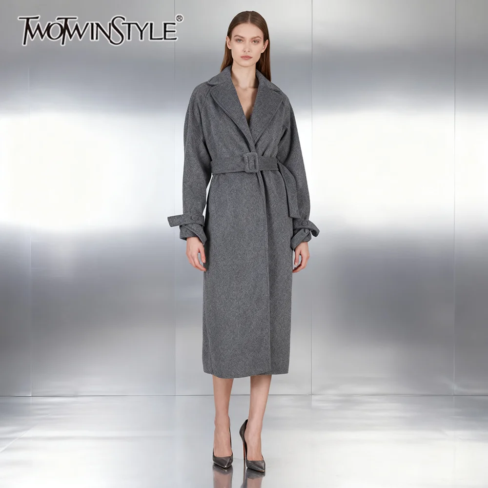 

TWOTWINSTYLE Solid Loose Spliced Lace Up Minimalist Coats for Women Lapel Long Sleeves Temperament Coat Female Autumn Clothing