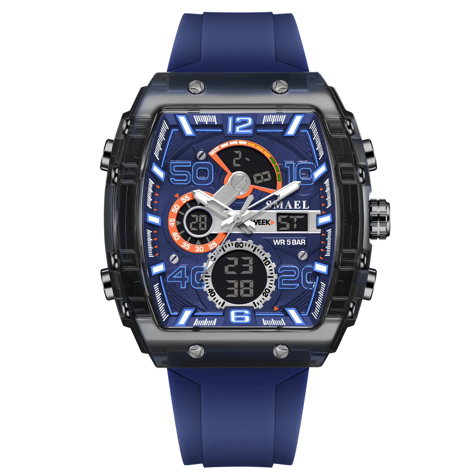 Multifunctional sports and leisure electronic watch Waterproof dual display LED luminous alarm clock Men's watch