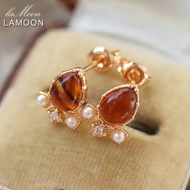 LAMOON Elegant Bijou Vintage Amber Earrings For Women Pearl 925 Sterling Silver Stud Earrings Gold Vermeil Fine Jewelry EI167