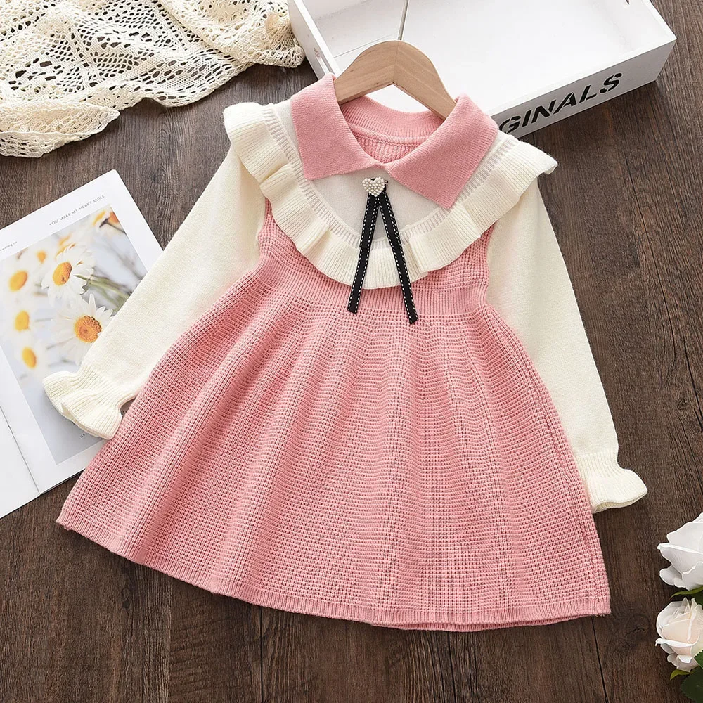 Kids Dresses for Girls Girl\'s Pink Clothing Winter Long Sleeved Love Bow Knitted Princess Dress Flower Girl Dresses