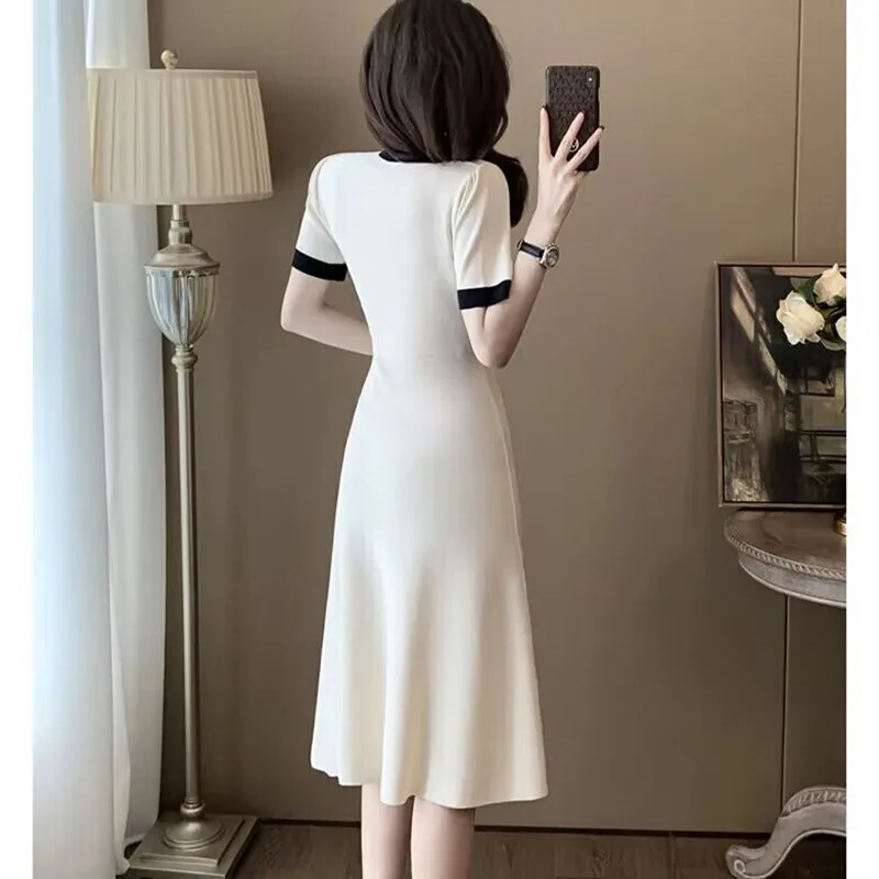 Summer Women\'s Short Sleeved Dress Fashion Casual Solid Color Ice Silk Knitted Skirt