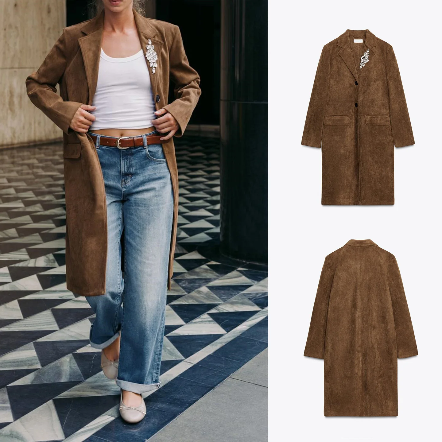 

Новое осеннее поступление, женское повседневное длинное пальто с лацканами из искусственной замши с эффектом на одной пуговице, Jaet, свободный крой, для поездок на работу