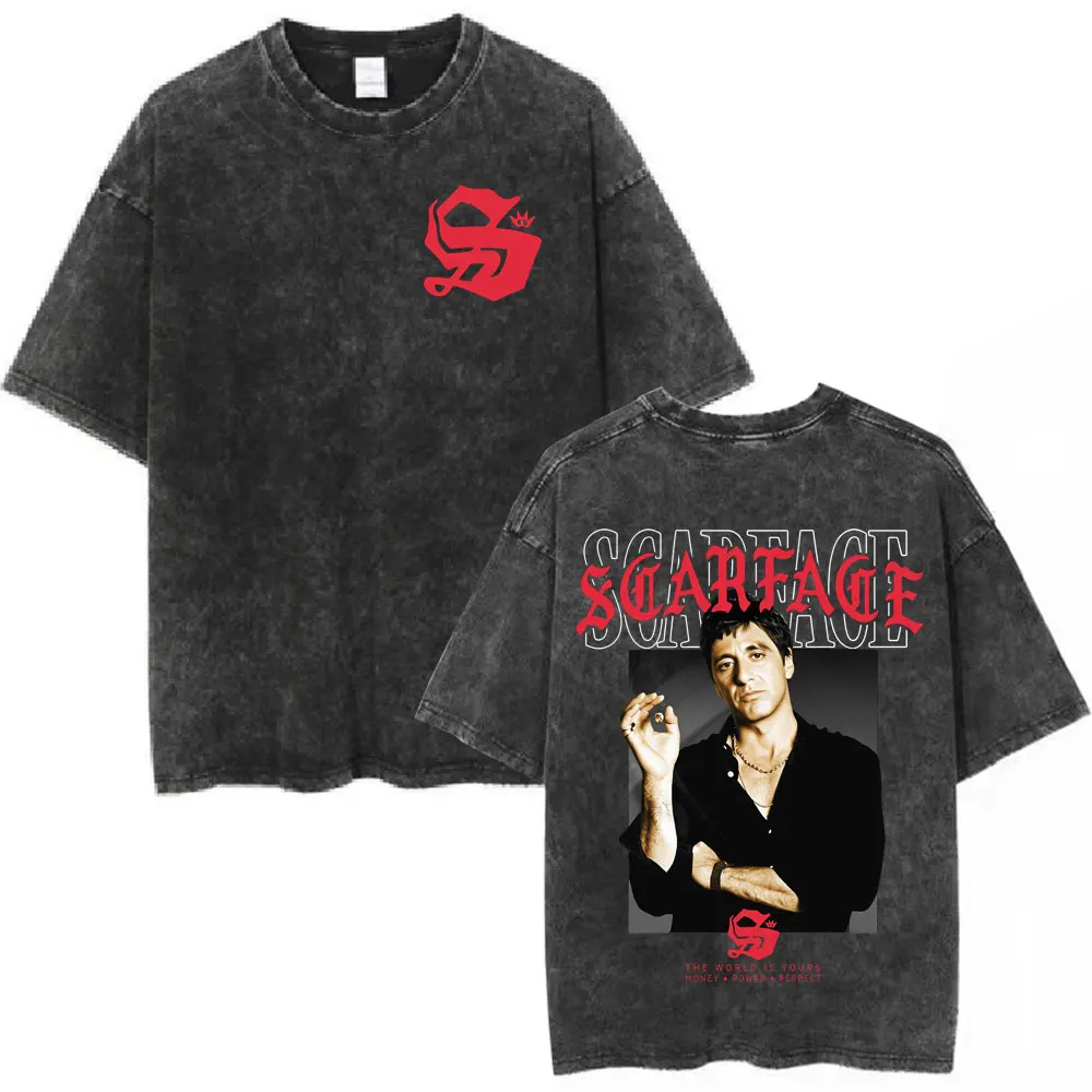 Vintage Washed Movie Scarface The World Is Yours T-shirts Tony Montana Al Pacino Men's Women Clothing Fashion Oversized T Shirts