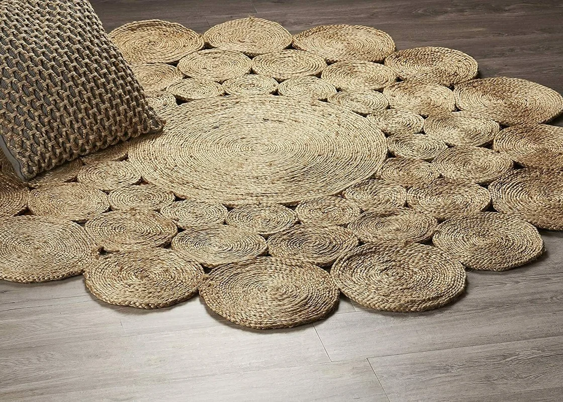 Natural Jute Rug Round Reversible 6x6 Feet Stylish Rug Braided Modern Look Area Rug for Living Room