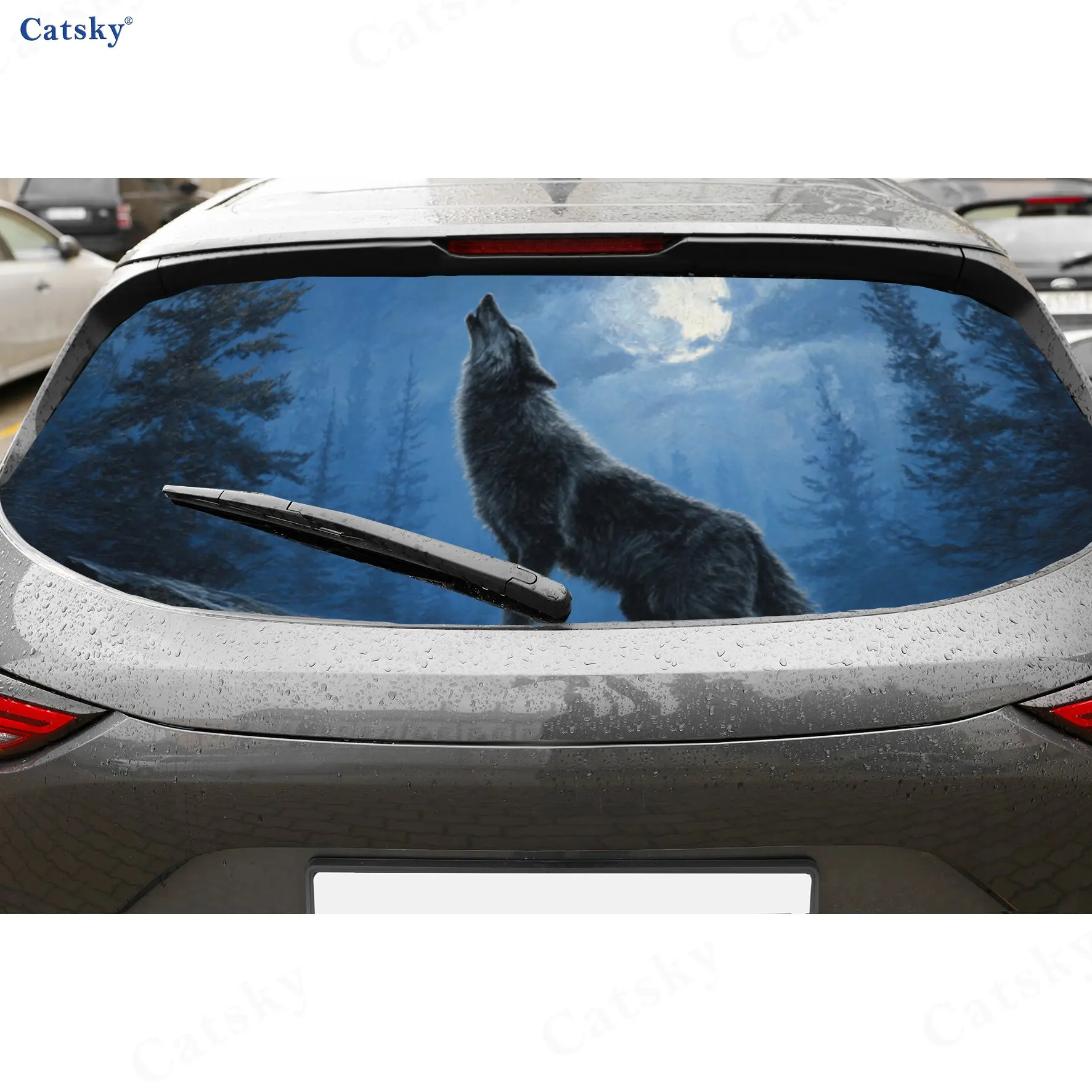 Wild Wolf Moonlight Thrill PVC Perforated Car Vinyl Wraps, Durable Car Rear Windshield Sticker, Waterproof Car Rear Window Decal