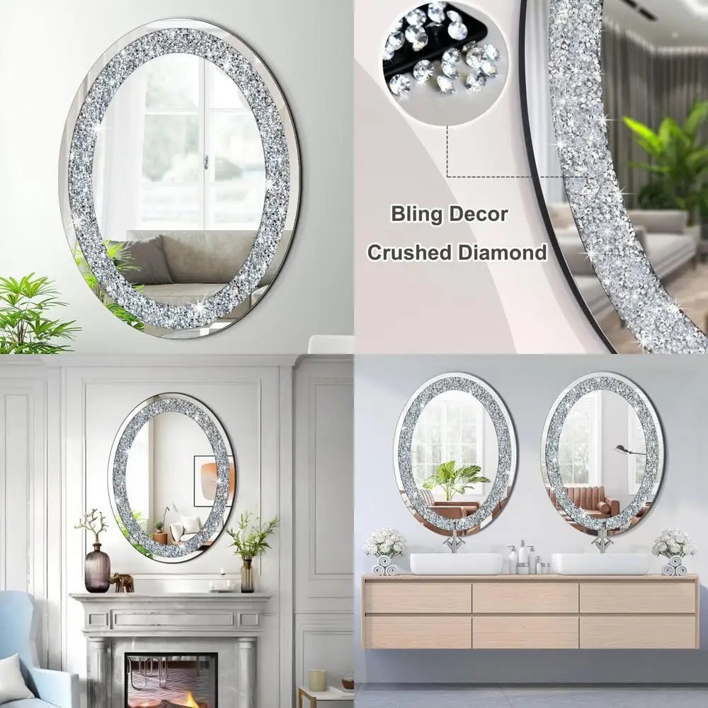 화려한 타원형 은색 거울, 24x32 인치, 프레임 없는 벽 장식, 반짝이는 유리, 세련된 홈 액센트