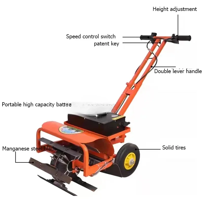 Small agricultural weeding micro-tiller charged by snail ditching, scarifying, ploughing and turning machine