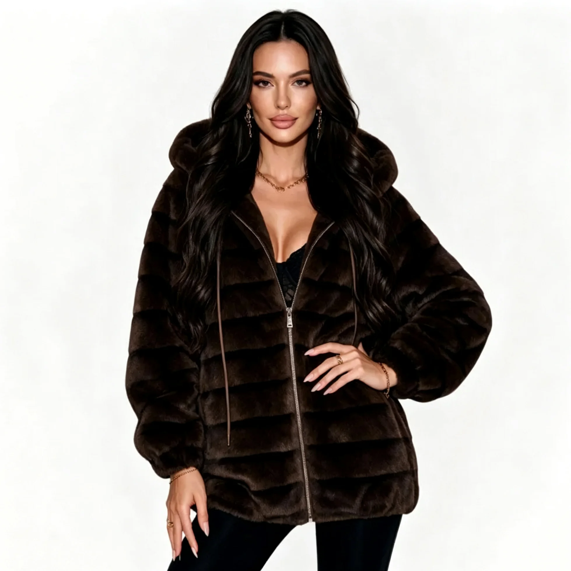 IG Women Faux Fur Hooded Coat Zipper Long Sleeve Striped Plush Loose Warm Outerwear Autumn Winter Fashion Overcoat