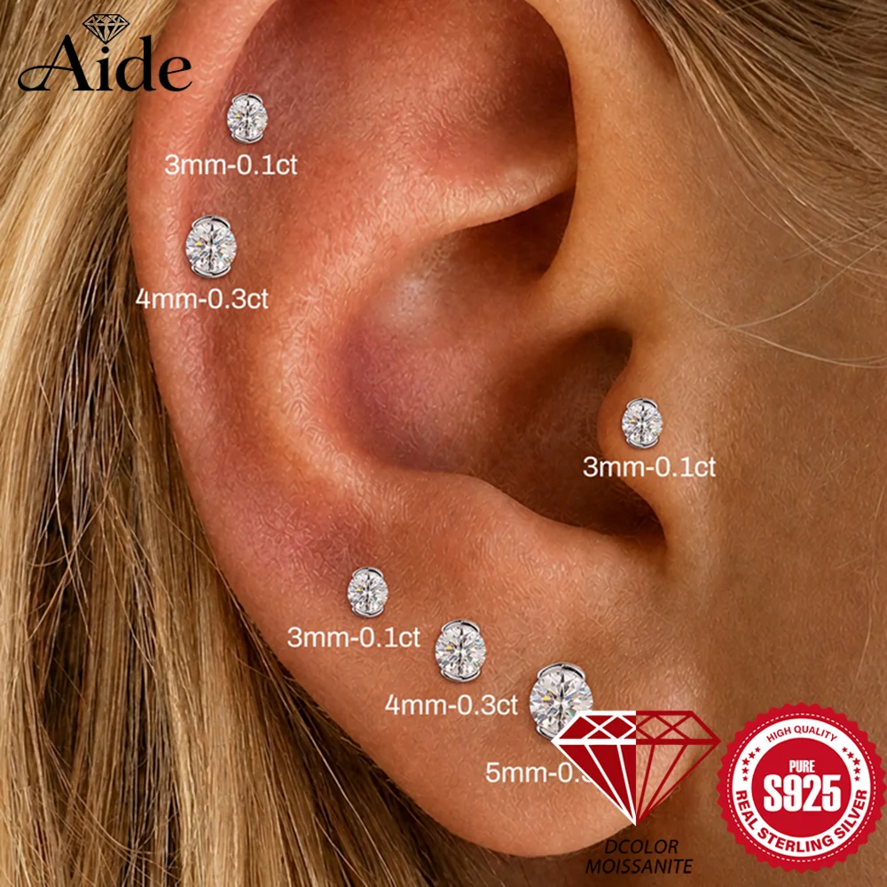 AIDE Sparkling Moissanite Women's Multi Size Geometric 925 Sterling Silver Cartilage Helix Piercing Earrings With Certificate