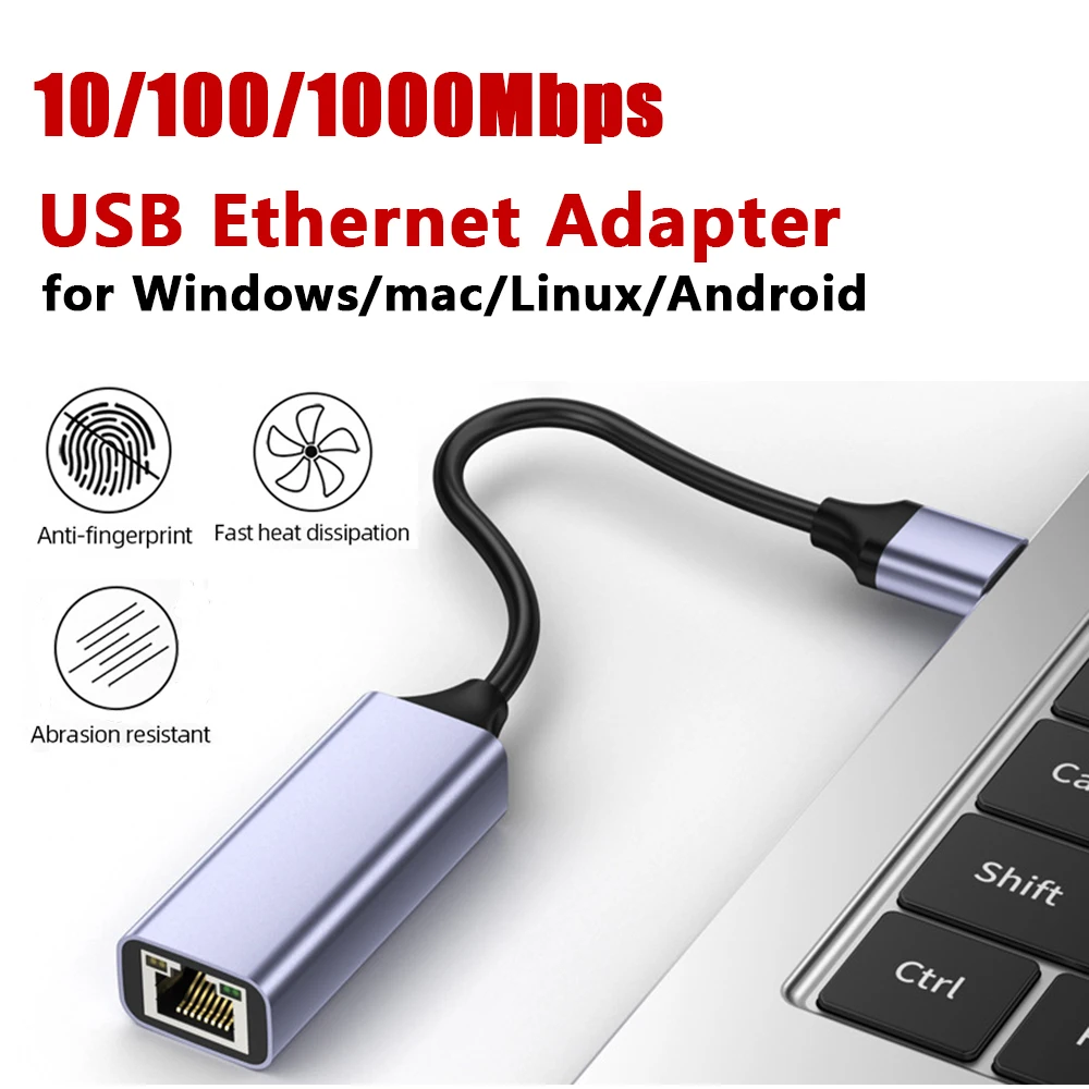 USB Ethernet Adapter Wired External 10/100/1000Mbps RJ-45 Port Aluminum Alloy Housing USB 3.0/2.0 interface for Laptop/TV Box