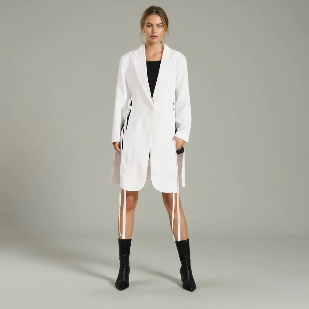 

Patchwork Lace Up Solid Blazer For Women Notched Collar Long Sleeve Spliced Button Split Chic Coats Female Style