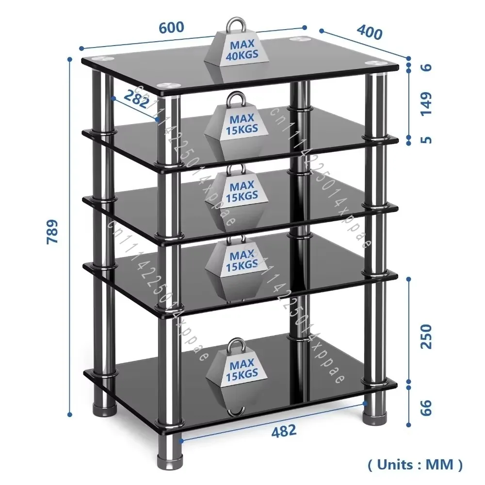 Media Console Storage Cabinet Living Room 5-Tier Tempered Glass Shelf Stand Black Glass Chrome AV Rack