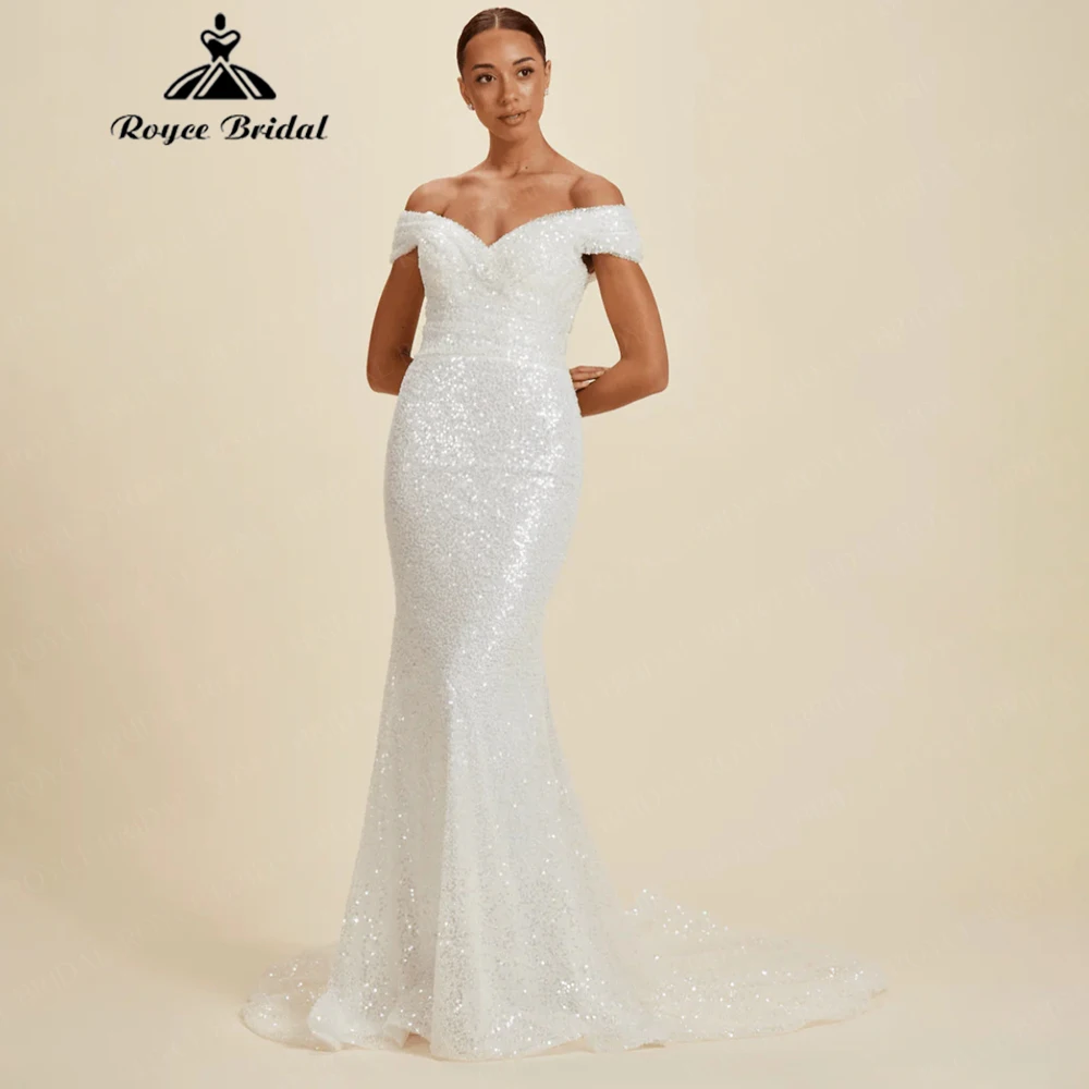 

Roycebridal 2025 новое свадебное платье русалки с блестками для женщин, свадебное платье с v-образным вырезом и открытыми плечами, индивидуальное платье Vestido De Noiva