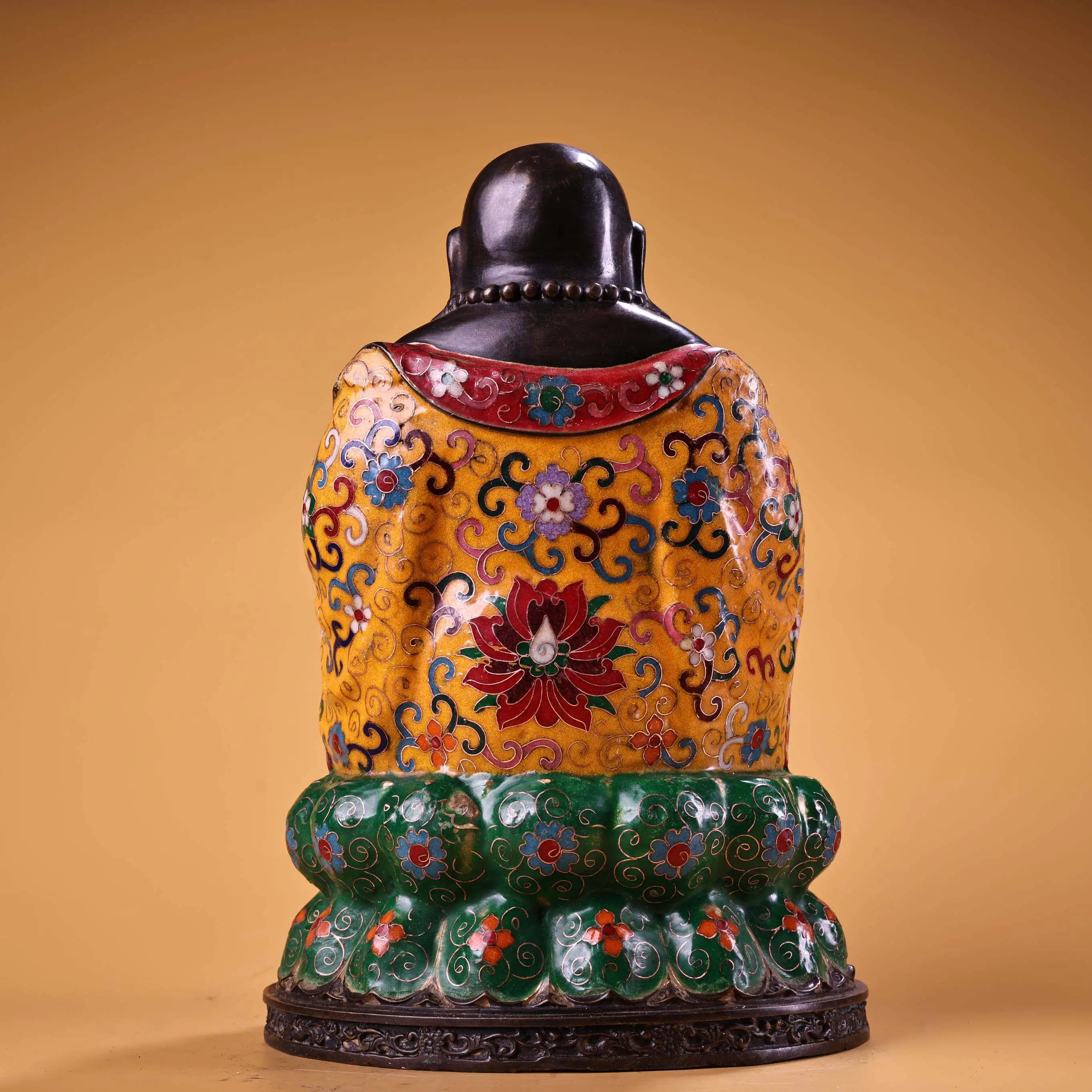 Antique Copper Cloisonne Enamel Maitreya Buddha Statue High Relief Chiseled Fine Craftsmanship Home Decor