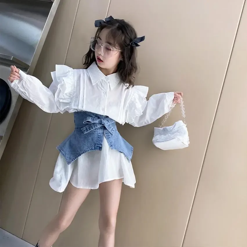 

Girl denim patchwork dress 2024 spring autumn new long sleeve fashion ruffles dress children cotton shirts kids clothes wz94