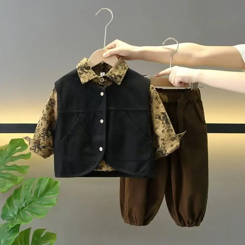 3 PCS set Autumn Spring Boy Retro Floral TShirt+Loose Harem Pants +Vest Kid Children baby Gentleman Handsome Streetwear Clothes