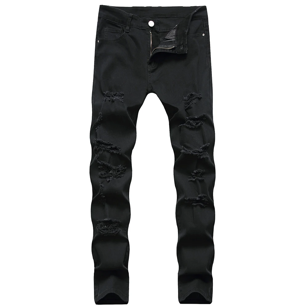 

Men's Holes Ripped Jeans Black Stretch Denim Pants Slim Straight Trousers