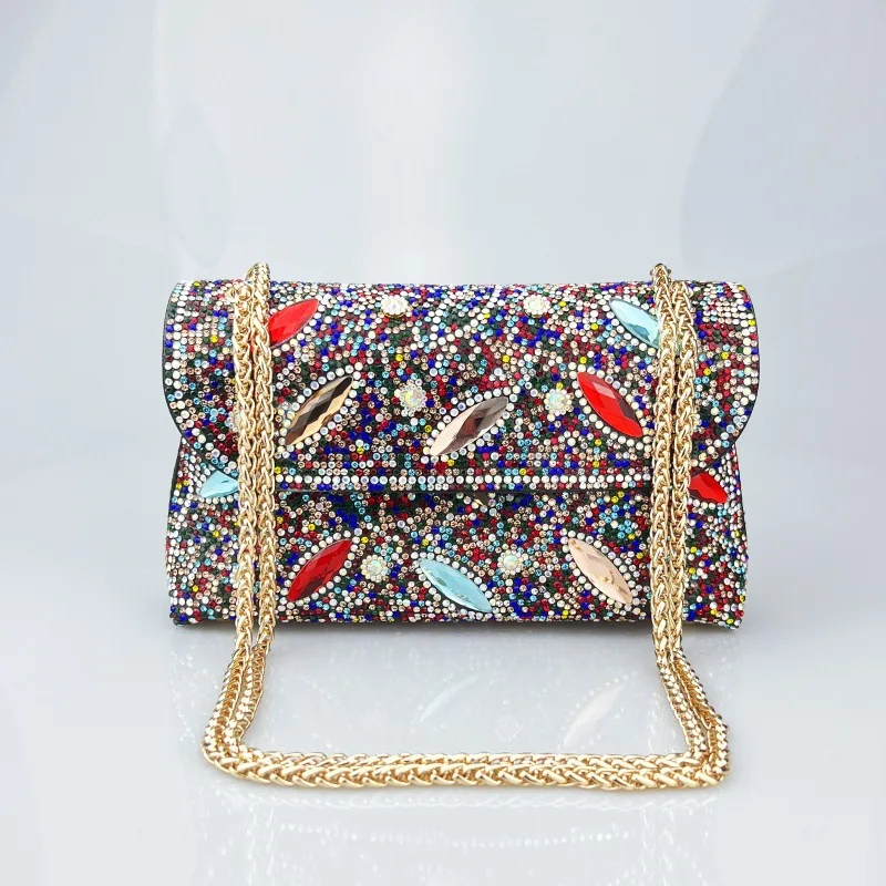 

New High-End Rhinestone Underarm Clutch Bag with Inlaid Colorful Diamonds and Chain for Evening Events