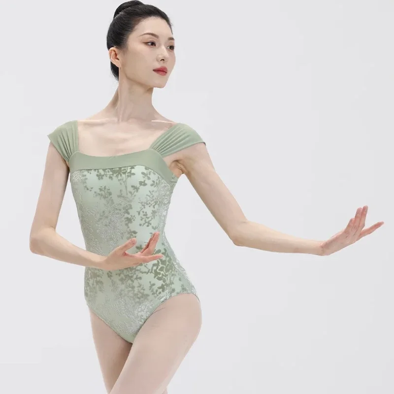 

Women Ballet Leotard Gymnastics Velvet Floral Print Wide Straps 3D Tailored Waist Design Elegant Dancewear for Performance