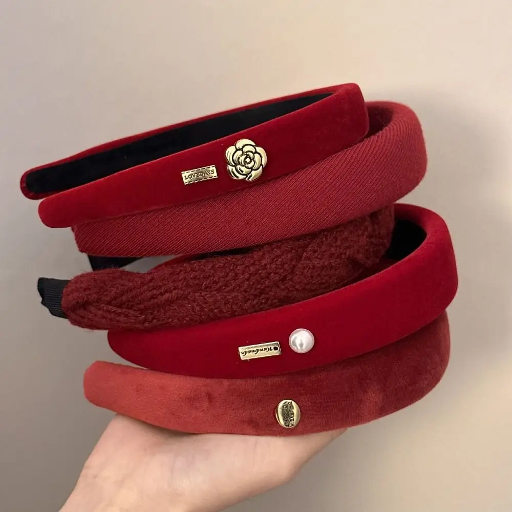 

Sweet Camellia Flowers Red Sponge Headband Pearl Cloth Velvet Hair Band Hairband Hair Clip Student