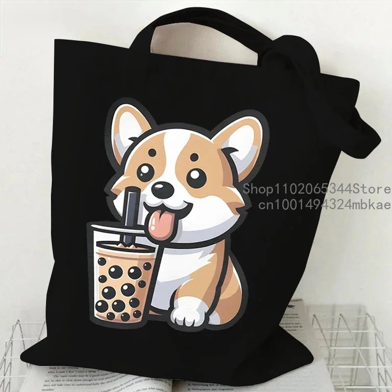 Shoulder Bag Kawaii Chai Gou Bobo Tea Canvas Tote Bag Women Cartoon Animal Milk Tea Teen Shopping Bag Dog Lovers Female Handbags