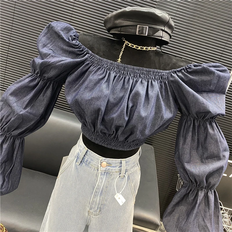 New 2022 fashion Designer new style Famous brand off shoulder square neck sleeve off waist blouse with thin waist denim top