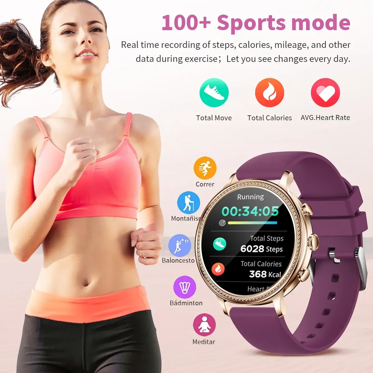 Reloj inteligente V69 para mujer: más de 100 modos deportivos para estilos de vida activos, llamadas Bluetooth, asistente de voz y monitoreo de frecuencia cardíaca