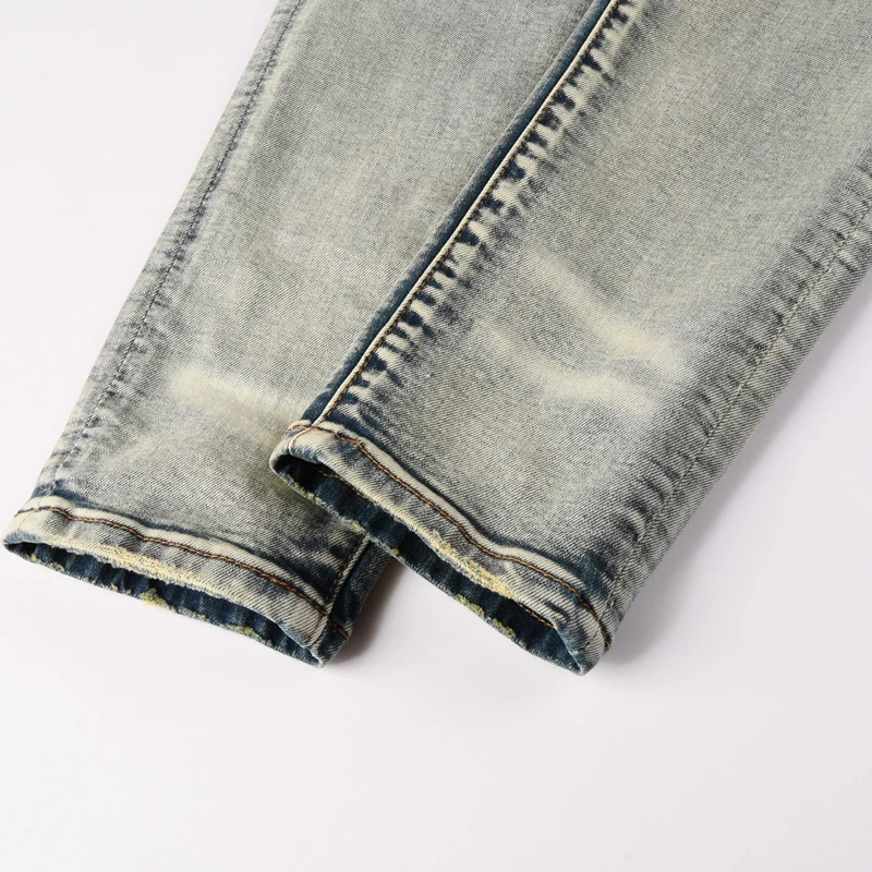 

Y2K Fashion New Light Blue Men's Jeans Washed Nostalgic Perforated Patch High Street Trendy Hip Hop Brand Pants