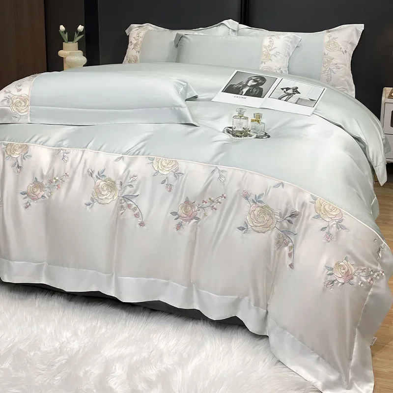 Summer light luxury A-class mother and baby grade washed ice silk four piece set, naked sleeping double-sided ice silk bed sheet