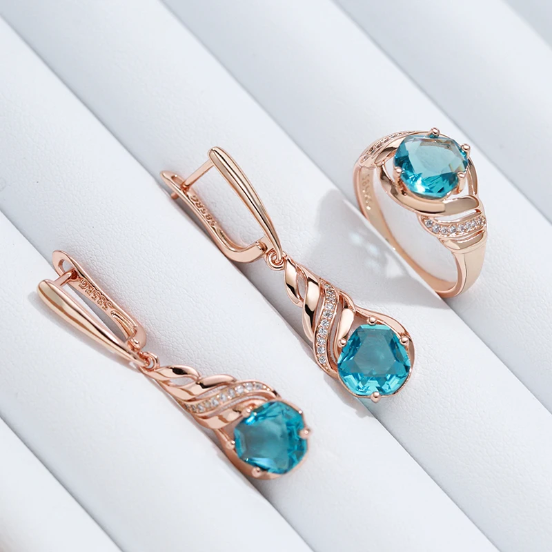 Kinel Shiny Blue Stone Long Drop Earrings for Women Unique Design Natural Zircon 585 Rose Gold Color Vintage Wedding Jewelry