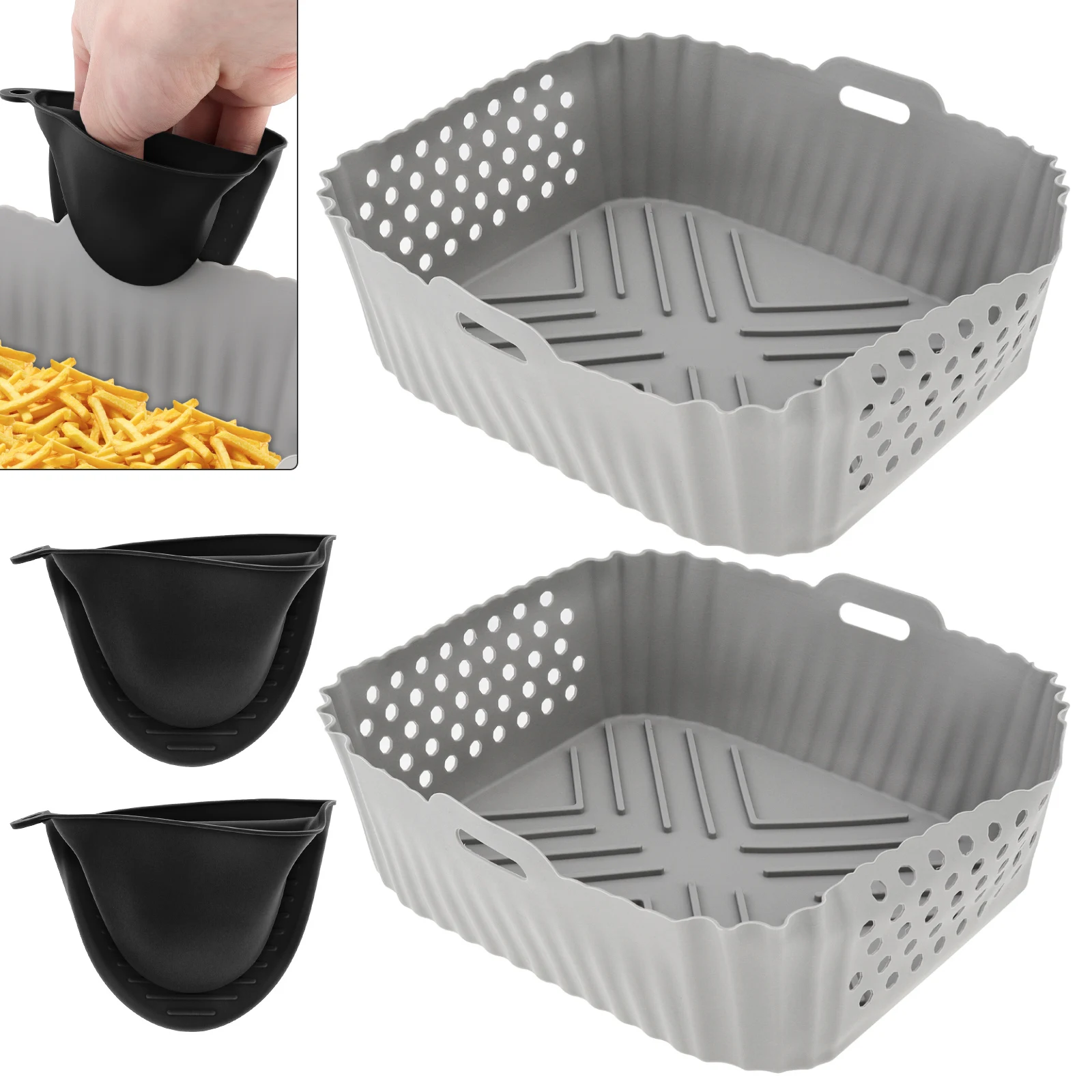2pcs Silicone Perforated Air Fryer Liners Fit for Ninja SL401 / DZ201 / DZ401 /DZ550 Double Stack 2 Basket Air Fryer with Gloves