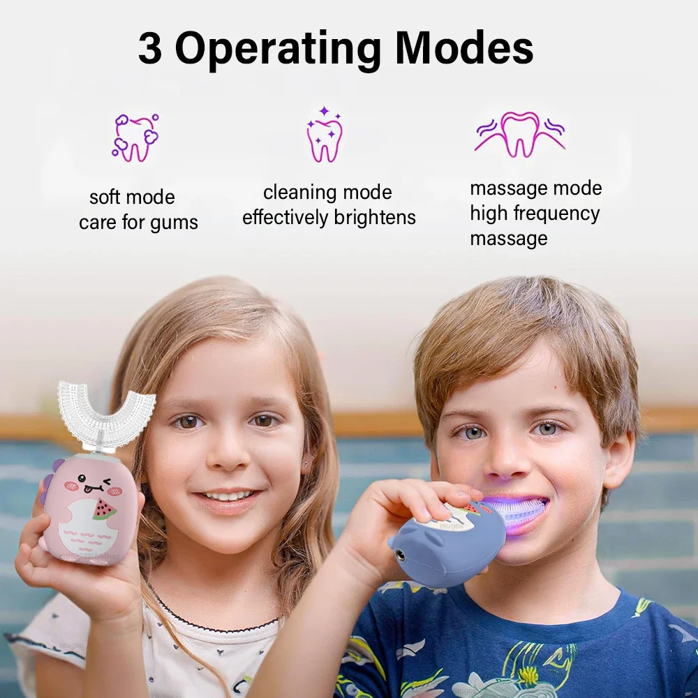 Children U-shaped Electric Toothbrush 360°Automatic Electric Toothbrush Rechargeable Smart Blue Light IPX7 SiliconeToothbrush