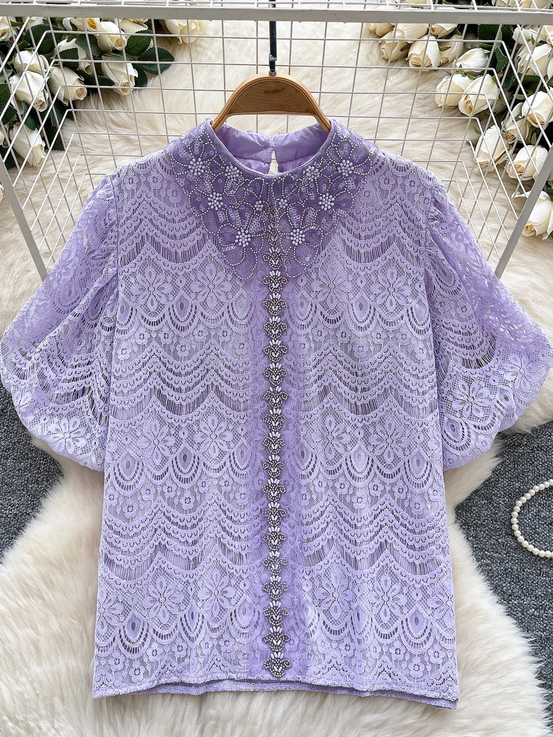

Summer Shirts Woman 2025 Elegant Korean Blouses Luxury Hollow Out Sequin Top Diamonds Puff Sleeve Blouse Embroidered Lace Tops