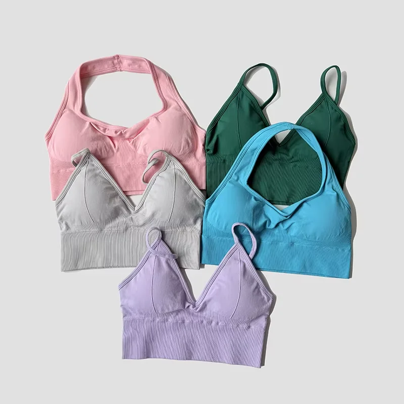 

Seamless Yoga Bra Backless Halter Neck Sports Padded Bra For Women Gym Running Crop Top Breathable Workout Vest
