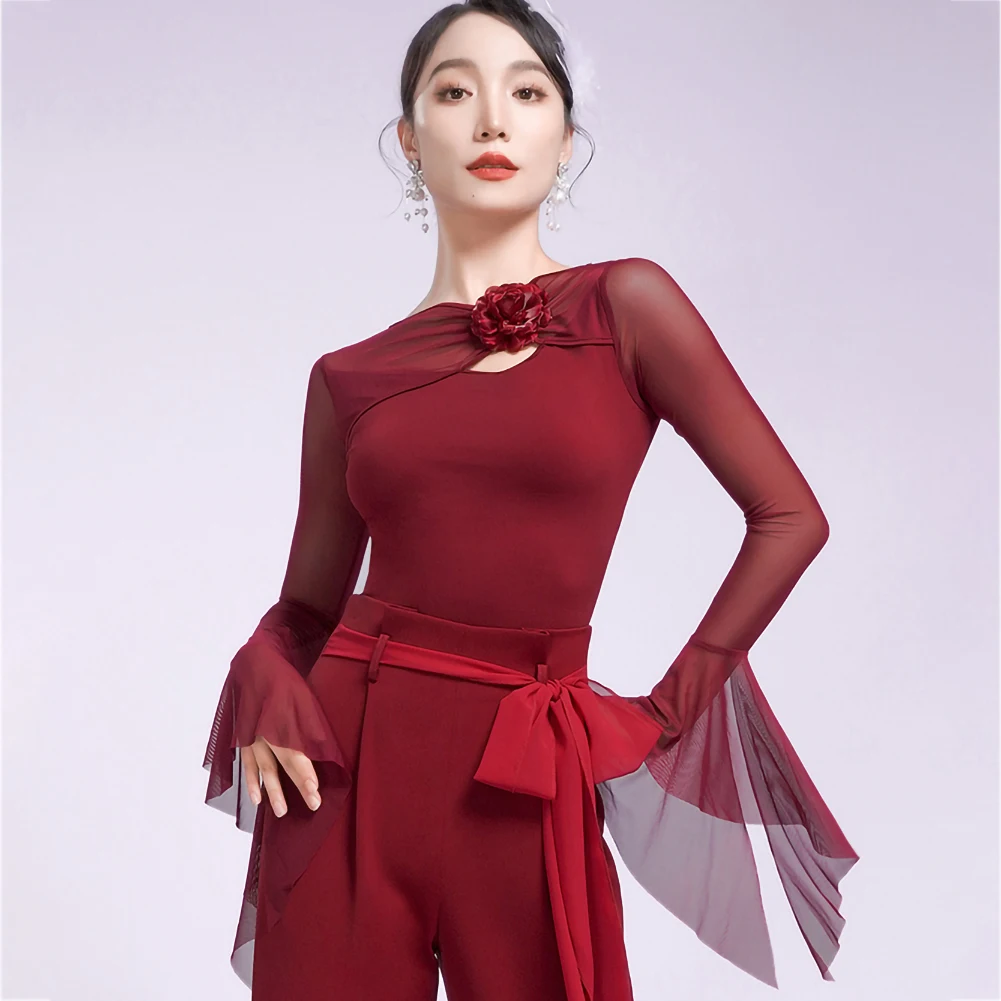 Danza latina Elegante palla Ancora Red Samba Danza da sala da donna Top Verde Danza con volant a maniche lunghe Nuovo stile Tuta