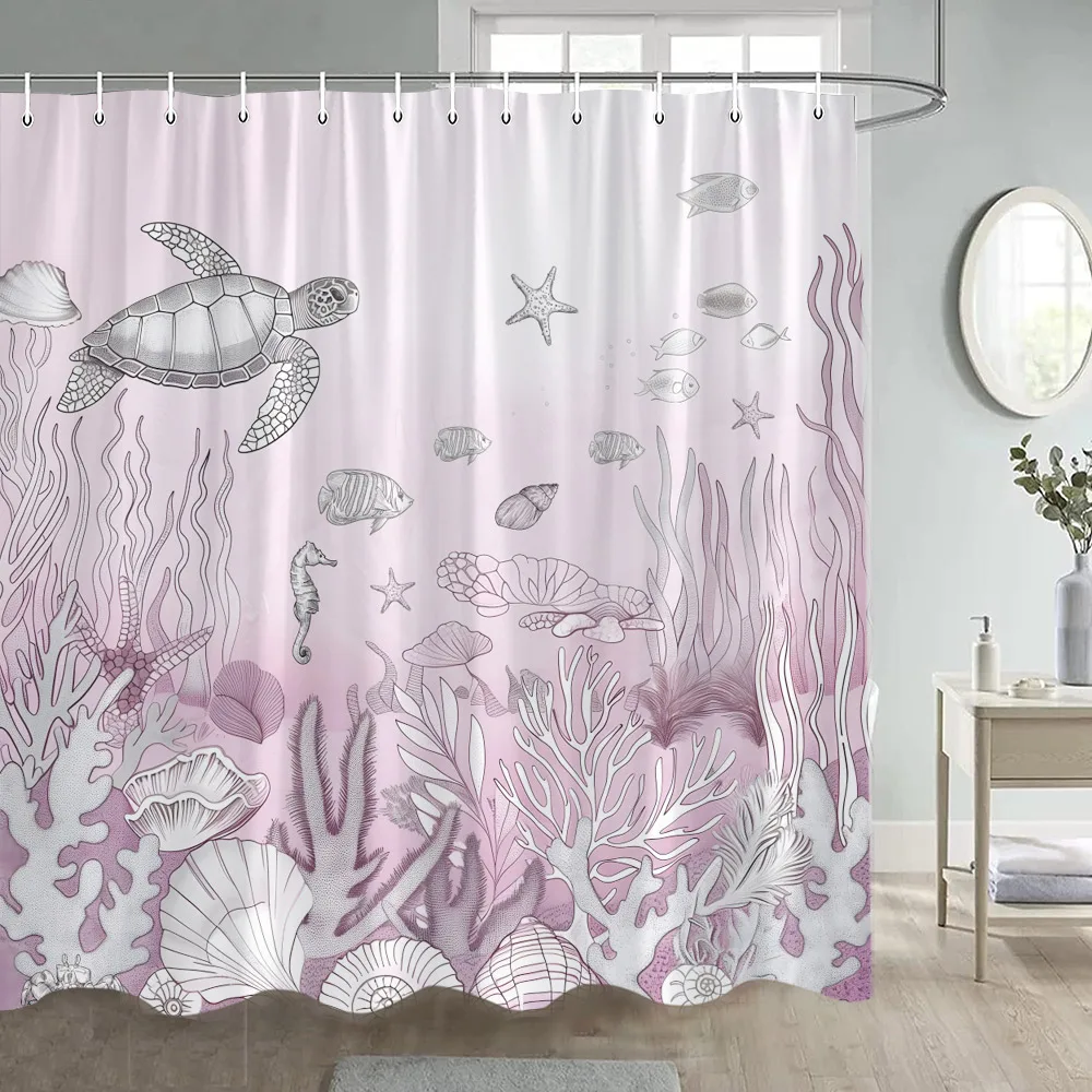 Pink Nautical Shower Curtain Sea Turtle Ocean Animal Coral Undersea Summer Modern Polyester Bath Curtain with Hook Home Decor