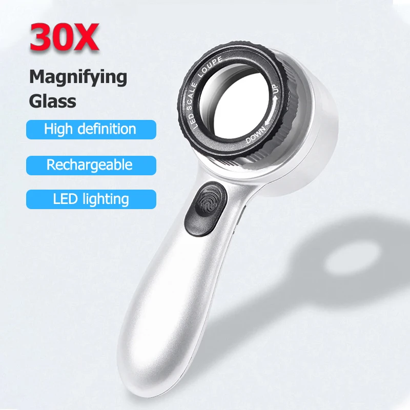 

30x Handheld Large Magnifier USB Rechargeable Magnifier with 8 LED Illuminated Lights for Elderly Reading Coins Jewelry Antiques