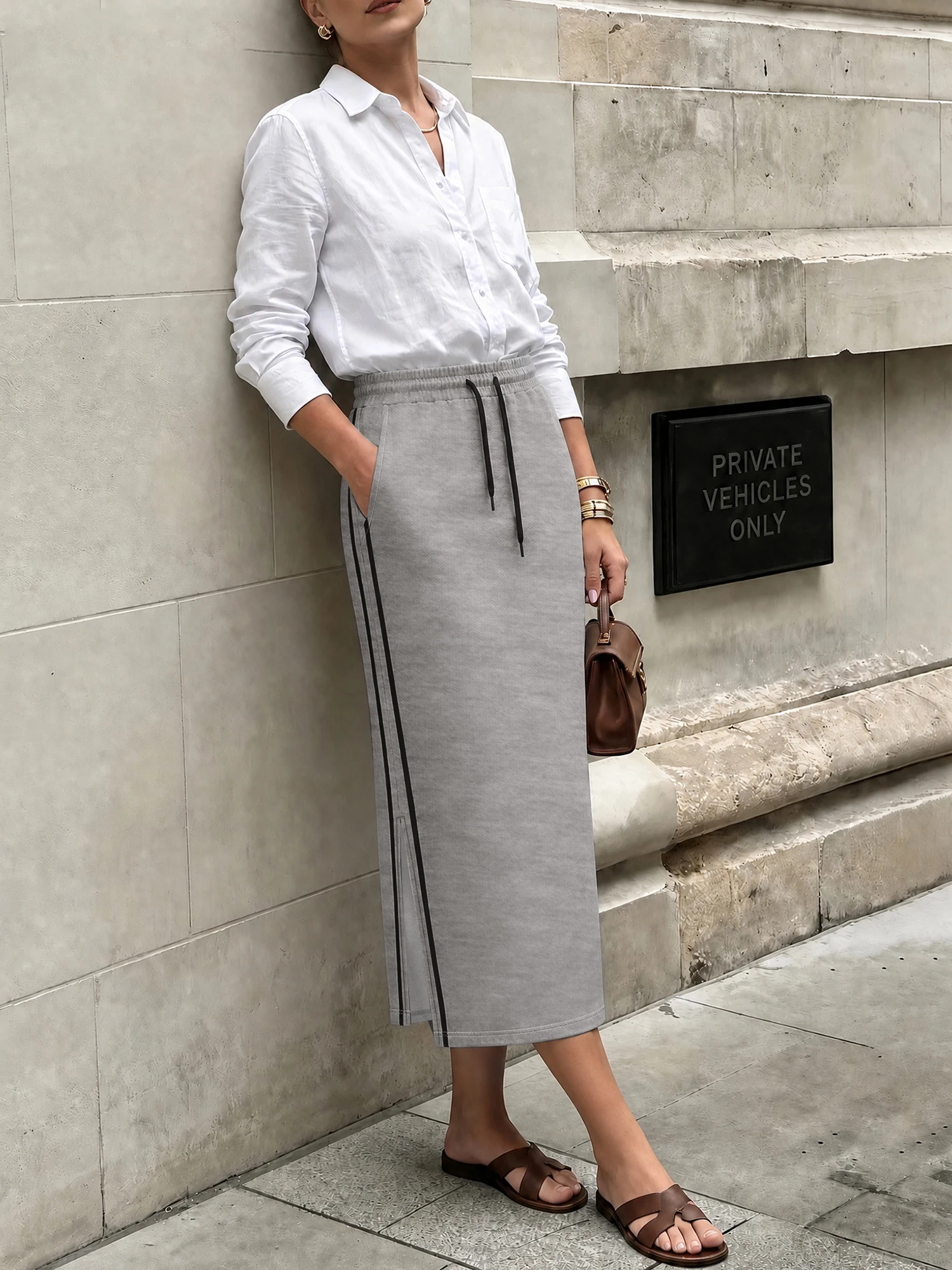 Retro Sporty Long Jersey Skirt, Drawstring High Waist, Casual Street Style & Daily Trendy Outfit